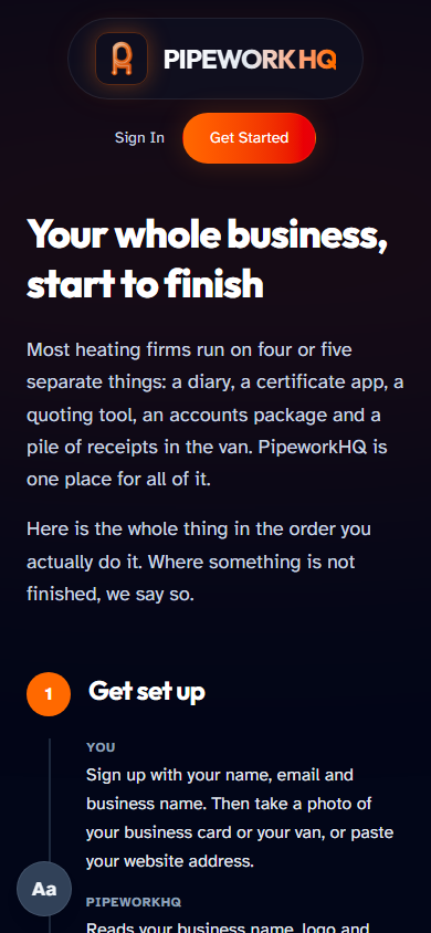 A real screenshot of the PipeworkHQ how-it-works page on a phone, showing the eight steps from getting set up to keeping the books straight