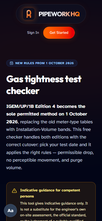 A real screenshot of PipeworkHQ's free gas tightness test checker on a phone, showing the IGEM/UP/1B Edition 4 rules that apply from 1 October 2026